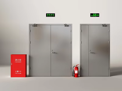 Fire Safety Setup Featuring Double Metal Fire Doors Red Extinguisher And Green Displays 3d model