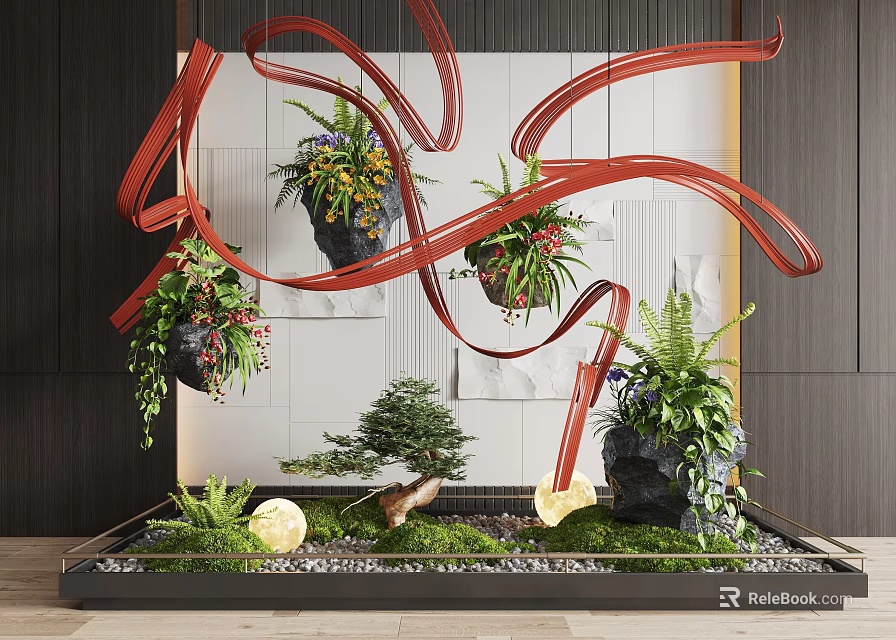 Creative Indoor Landscape With Hanging Planters Red Ribbons Potted Plants And Mossy Stones 3d model 