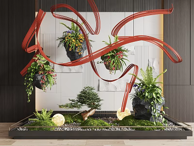 Creative Indoor Landscape With Hanging Planters Red Ribbons Potted Plants And Mossy Stones 3d model