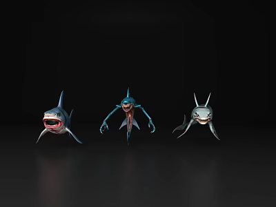 Three Different Shark Designs Open Mouth Features Blue Blue Gray Red Accent Against Black Background 3d model