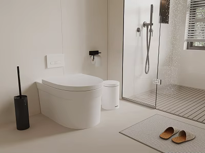 Modern White Toilet In Clean Bathroom With Trash Can And Toilet Brush 3d model
