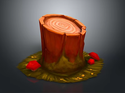 Wooden Tree Stump Decor With Green Grass And Red Mushrooms In Design 3d model
