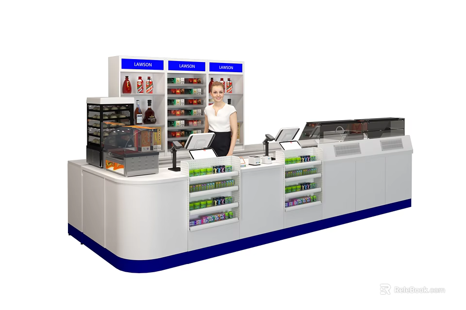 Modern Retail Store Interior With Counter Shelves Products And Staff 3d model 