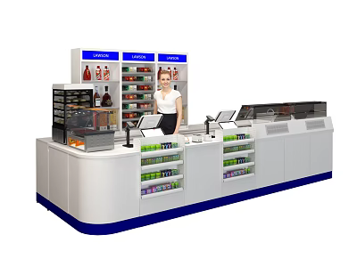 Modern Retail Store Interior With Counter Shelves Products And Staff 3d model