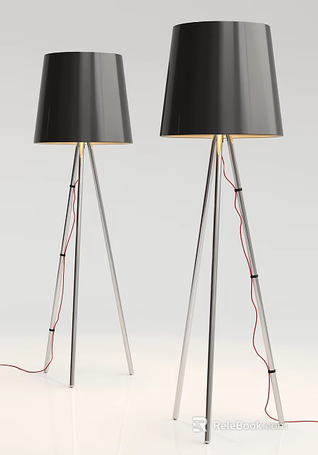Modern Black Floor Lamps With Silver Metal Tripod Stand And Red Cords Design 3d model 