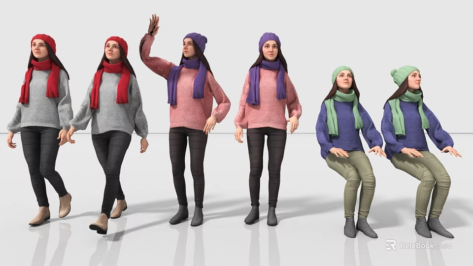 Women In Different Colored Sweaters And Scarves With Various Poses On White Background 3d model 