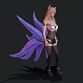 Female fox eared character with purple tails wearing white top black shorts and black thigh high socks