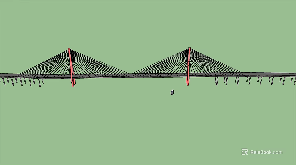 Red Tower Cable Stayed Bridge With Multiple Cables And Small Boat Below 3d model