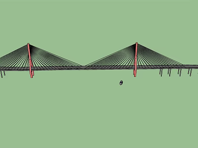 Red Tower Cable Stayed Bridge With Multiple Cables And Small Boat Below 3d model