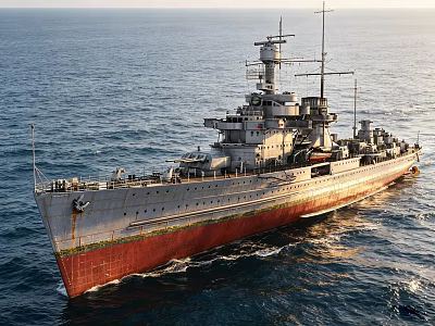 Vintage Large Battleship With Red Gray Hull Sailing In Open Ocean At Sunset 3d model