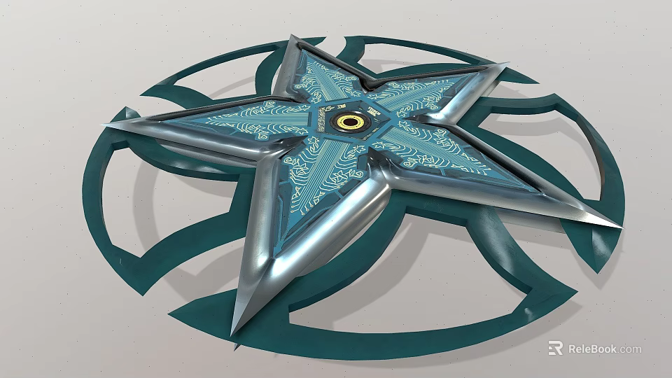 Star Shaped Metallic Weapon With Blue Silver Finish Circular Ring And Central Yellow Dot 3d model