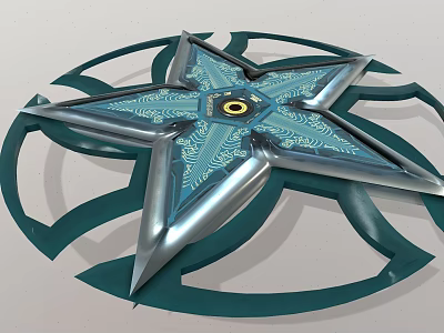 Star Shaped Metallic Weapon With Blue Silver Finish Circular Ring And Central Yellow Dot 3d model