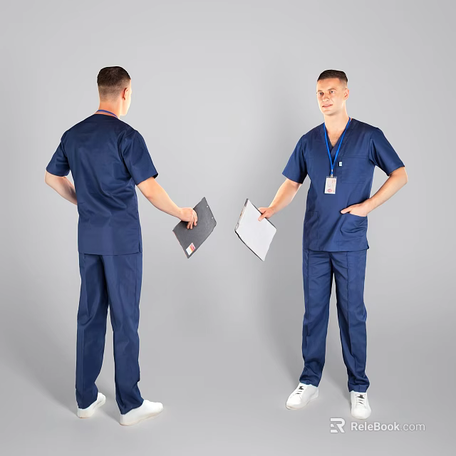 Men In Blue Medical Scrubs Holding Clipboards Front And Back Views 3d model 