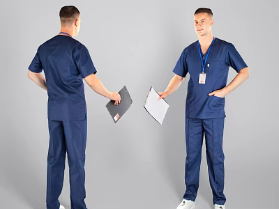 Men In Blue Medical Scrubs Holding Clipboards Front And Back Views 3d model
