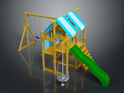 Wooden Playground Set With Blue White Striped Canopy Green Slide Swing And Ladder Steps 3d model