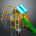 Wooden Playground Set With Blue White Striped Canopy Green Slide Swing And Ladder Steps