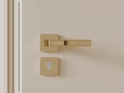 Golden Door Handle And Lock Home Hardware Accessories Installed On Beige Door 3d model