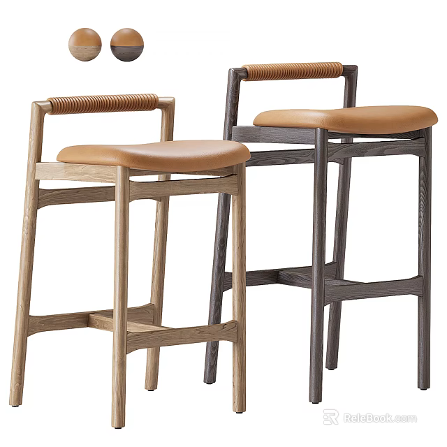 Modern Design Bar Stools With Wooden Frame Brown Cushioned Seat And Woven Armrests 3d model 