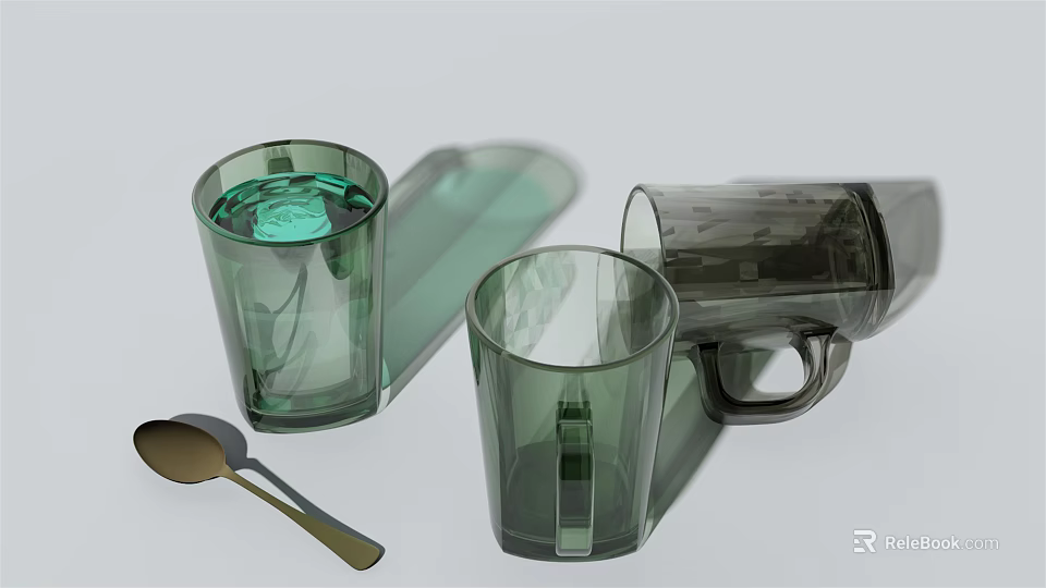 Beverage Served in Green Glass Cups with Metal Spoon and Transparent Design 3d model 
