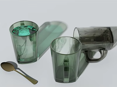 Beverage Served in Green Glass Cups with Metal Spoon and Transparent Design 3d model
