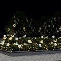 Nighttime Floral Display With Decorative Trees Hanging Spheres And Staircase Greenery