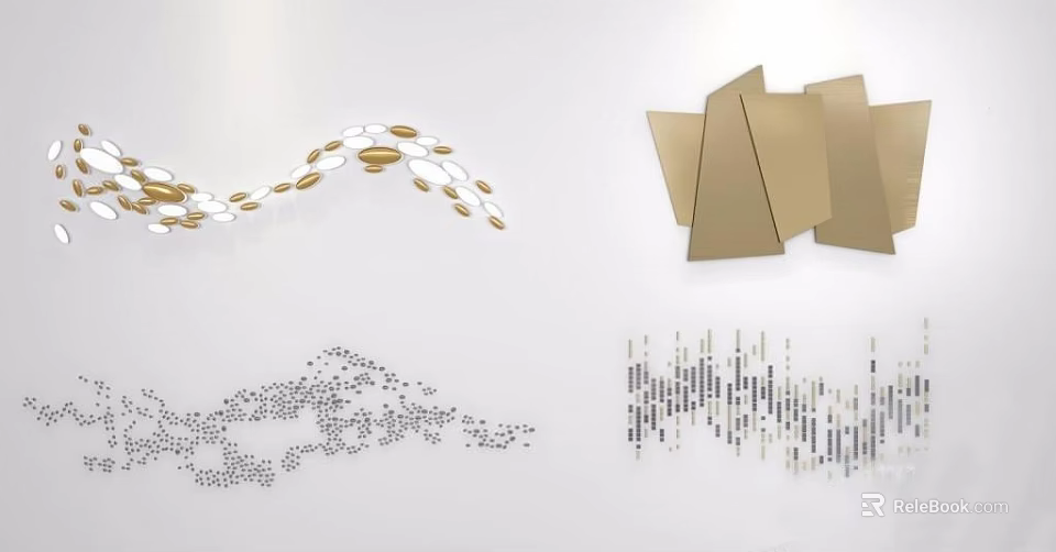 Modern Abstract Wall Decor With Gold Geometric Shapes Wave Metal And Silver Dot Pattern Designs 3d model 