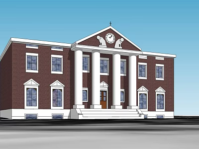 Classic Red Brick Office Building With White Columns Clock On Pediment And Front Steps 3d model