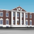 Classic Red Brick Office Building With White Columns Clock On Pediment And Front Steps