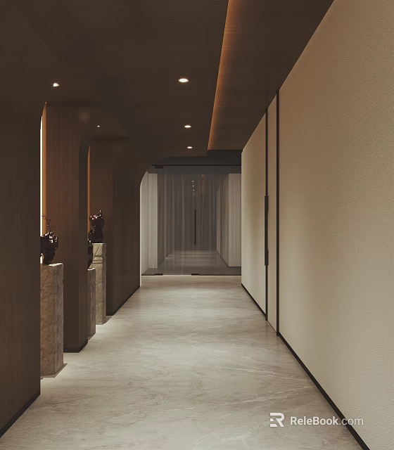 Modern Elevator Hallway With Wooden Accents Soft Lighting And Light Colored Flooring 3d model 