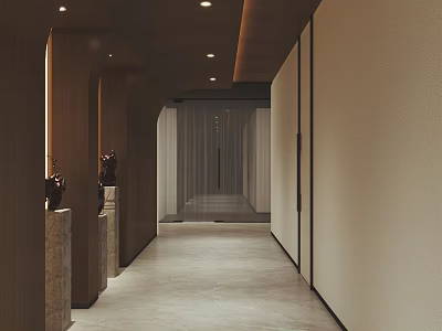 Modern Elevator Hallway With Wooden Accents Soft Lighting And Light Colored Flooring 3d model