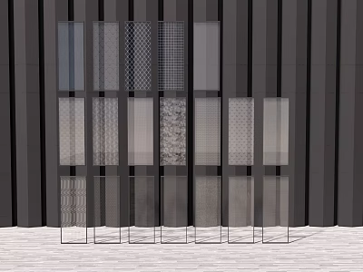 Various Textured Room Dividers With Glass Mesh And Stone Panels On Dark Background 3d model