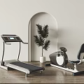 Home Gym Sports Equipment Treadmill Exercise Bike With Green Plant Wooden Floor Arched Doorway