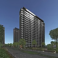 Modern High Rise Residential Building Exterior With Trees And Urban Skyline