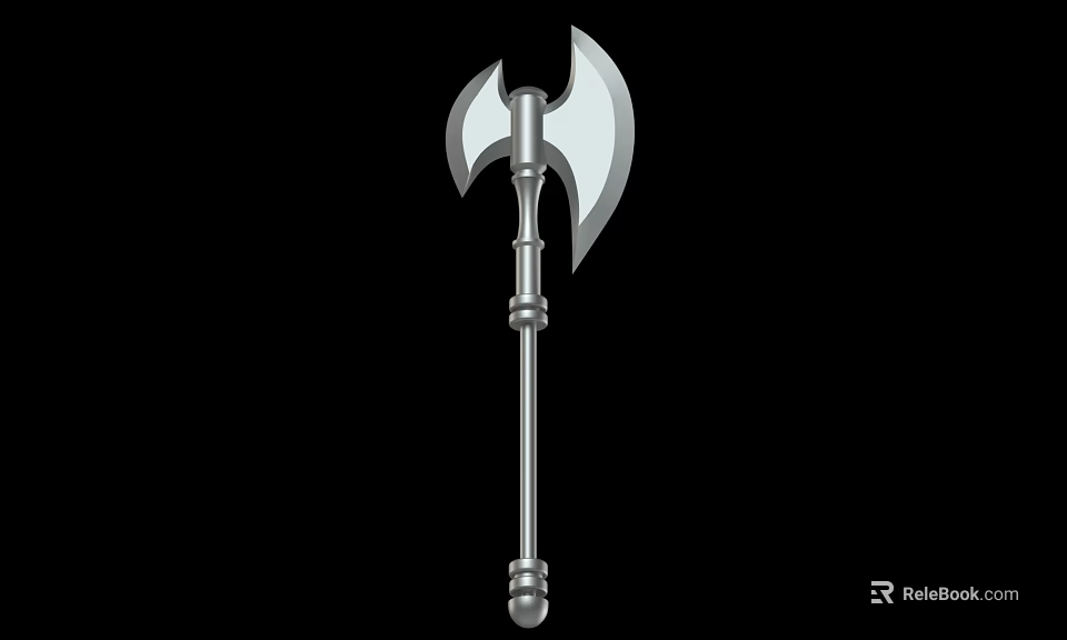 Double Bladed Silver Metal Axe With Medieval Design And Decorative Handle 3d model