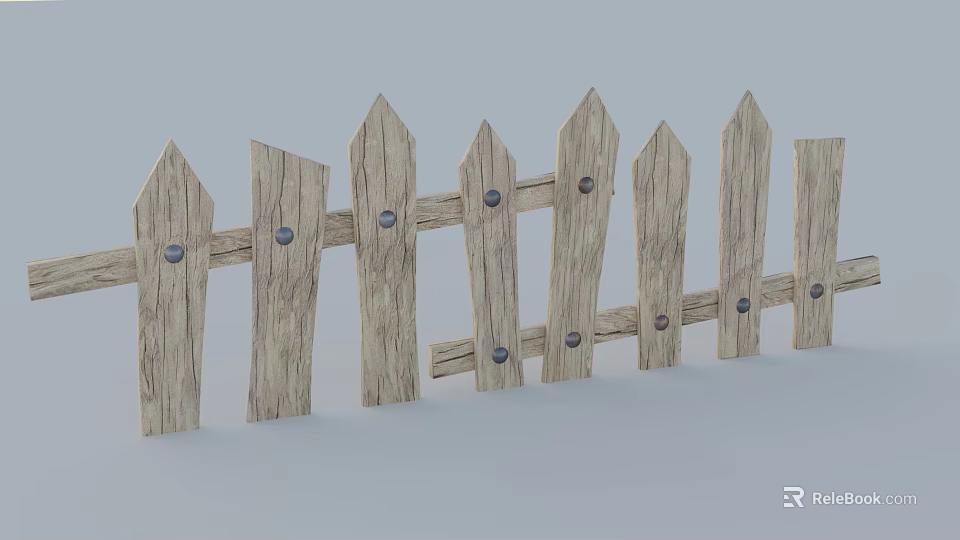 Wooden Garden Fence With Pointed Tops And Natural Wooden Planks 3d model 