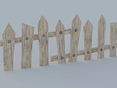 Wooden Garden Fence With Pointed Tops And Natural Wooden Planks 3d model