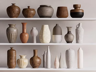Ceramic Vessels Display On Multiple Shelves With Various Shapes And Neutral Tones 3d model