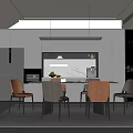 Modern Open Restaurant Kitchen Interior Featuring Gray Cabinets Marble Countertops Pendant Lights and Chairs