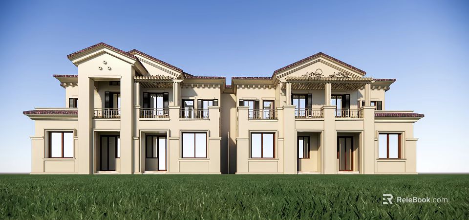 Elegant Twin Villa Exterior Design With Green Lawn Balconies And Blue Sky 3d model 