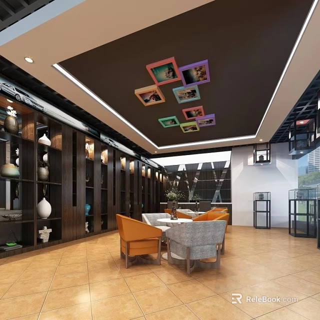 Modern Leisure Area With Comfortable Seating Colorful Frame Decor And Display Shelves 3d model 