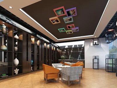 Modern Leisure Area With Comfortable Seating Colorful Frame Decor And Display Shelves 3d model