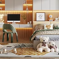 Cozy Modern Tatami Bedroom Interior With Tatami Bed Desk Green Chair Bookshelves And Teddy Bears