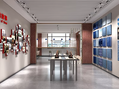 Showroom Interior with Wall Photos Blue Fabric Samples Brick Walls Windows and Table Sculptures 3d model