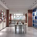 Showroom Interior with Wall Photos Blue Fabric Samples Brick Walls Windows and Table Sculptures