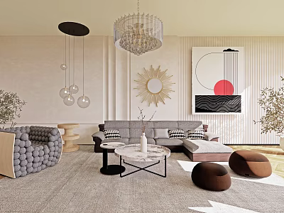 Modern Elegant Living Room Interior With Gray Sofa Crystal Chandelier Artwork Round Ottomans And Plants 3d model