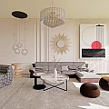 Modern Elegant Living Room Interior With Gray Sofa Crystal Chandelier Artwork Round Ottomans And Plants