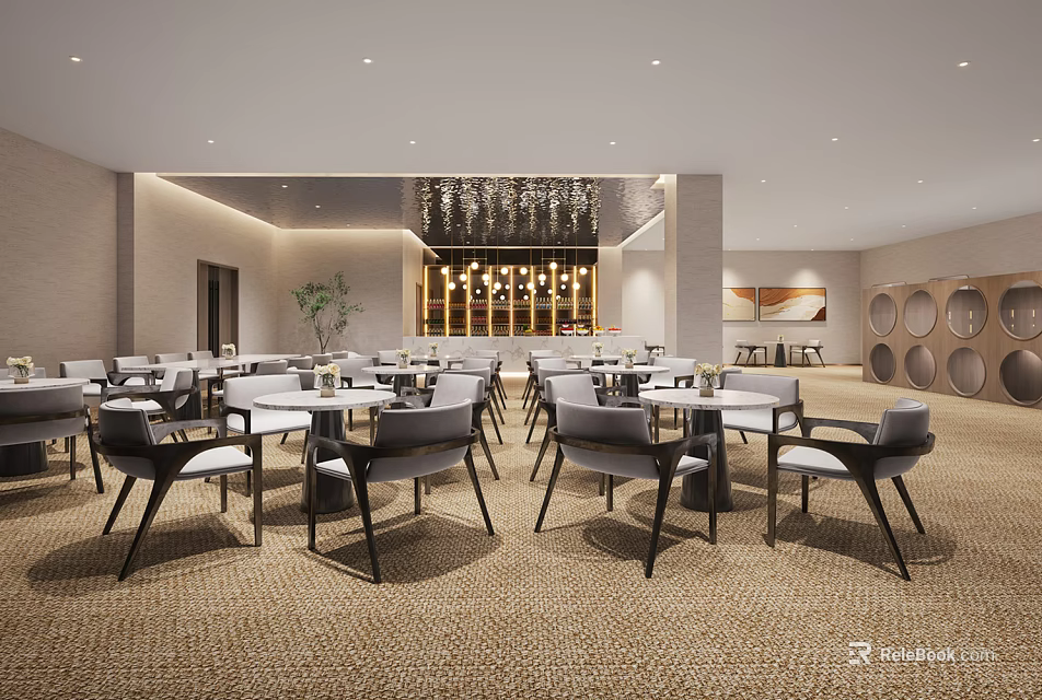 Spacious Modern Restaurant Interior With White Tables Gray Chairs Carpet And Wine Racks 3d model 