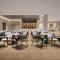 Spacious Modern Restaurant Interior With White Tables Gray Chairs Carpet And Wine Racks