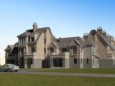 Modern Townhouse Exterior Featuring Gray Roof Beige Walls Lawn And Parked Car 3d model