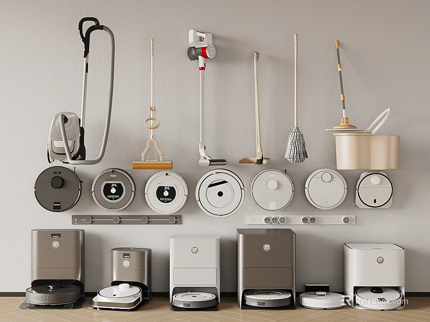 Wall Mounted And Shelf Displayed Home Cleaning Appliances Including Robotic Vacuums Mops Brooms Vacuum Cleaners 3d model 